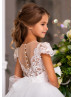 Ivory Lace Tulle Sheer Buttons Back Flower Girl Dress